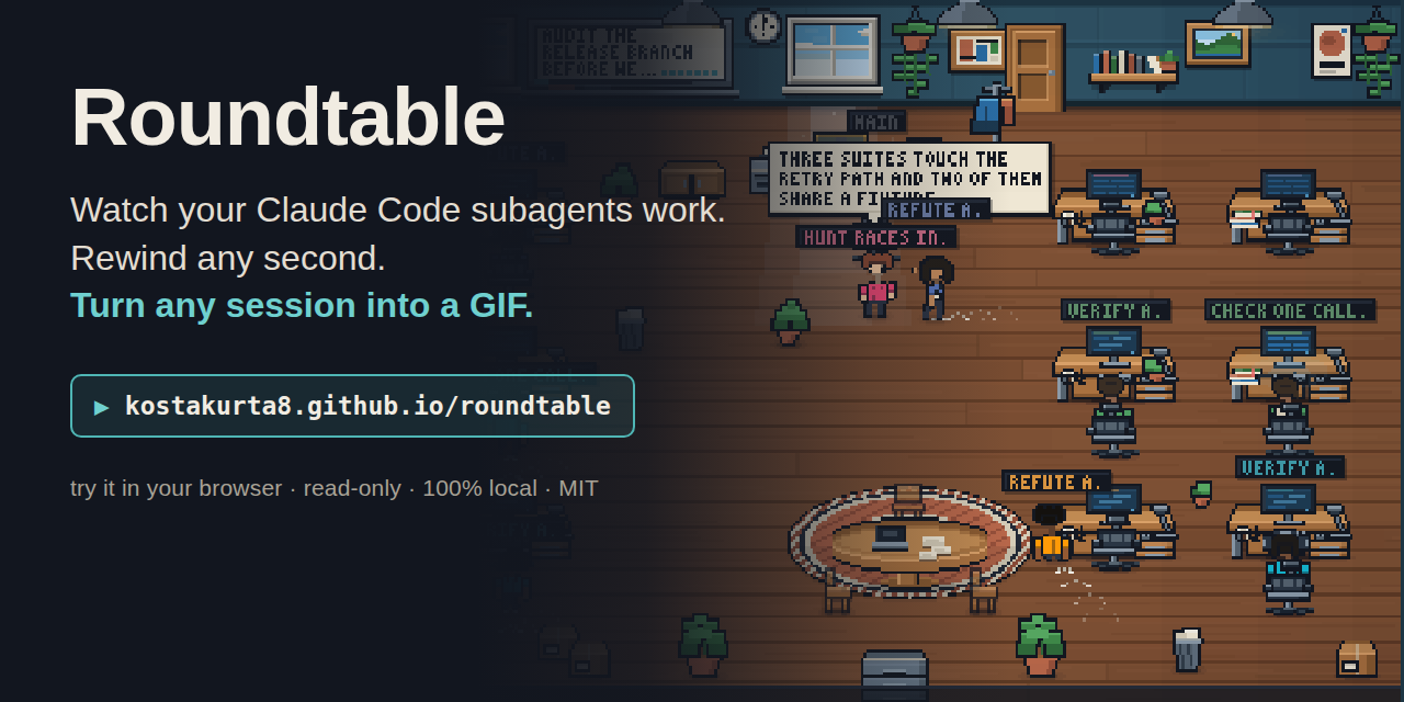 I turned my Claude Code subagents into a pixel-art office you can rewind (browser demo, no install)